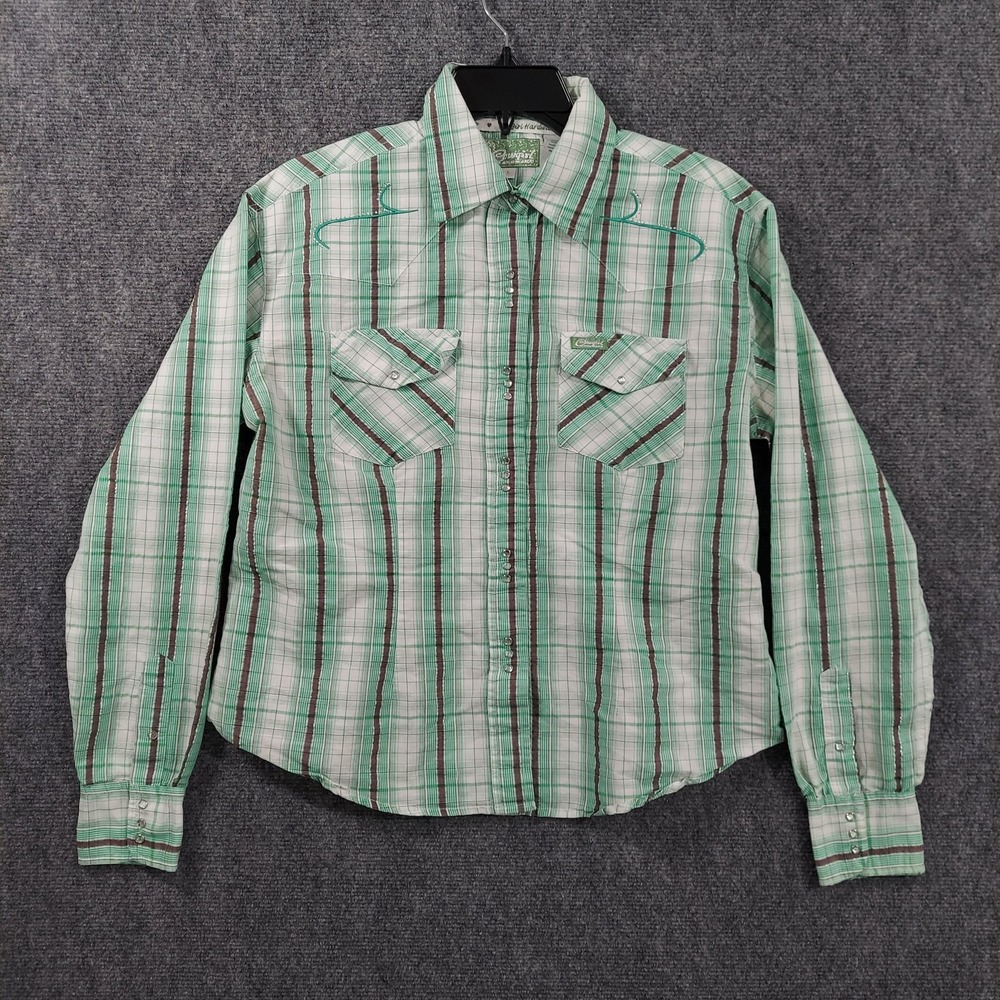 Cowgirl Hardware Shirt Womens Large Green Plaid Western Snap Long‎ Sleeve
